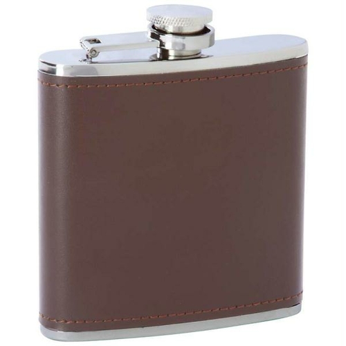 Main Maxam 6oz Stainless Steel Flask With Brown Genuine Leather Wrap image