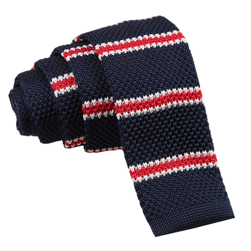 Main Knitted 3 Thin Stripe Skinny Tie - Knitted Navy with Red & White Thin image
