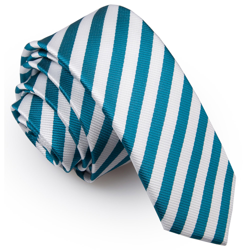 Main Thin Stripe Skinny Tie - White & Teal image
