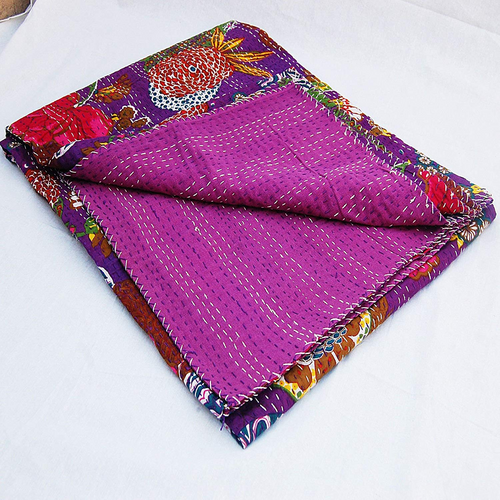 Main Purple Jaipuri Quilt Handmade Bed Cover Cotton Kantha Blanket  image